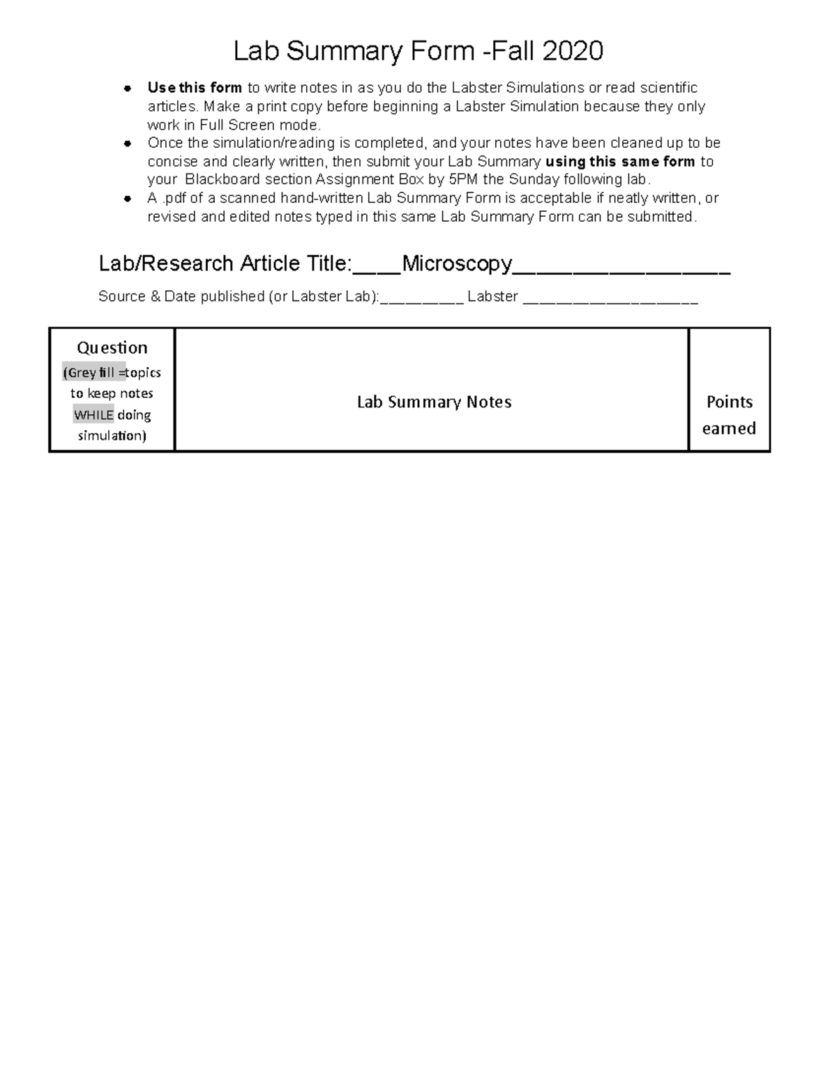 Microbiology labster microscopy Lab Summary Form Fall 2020 Use this