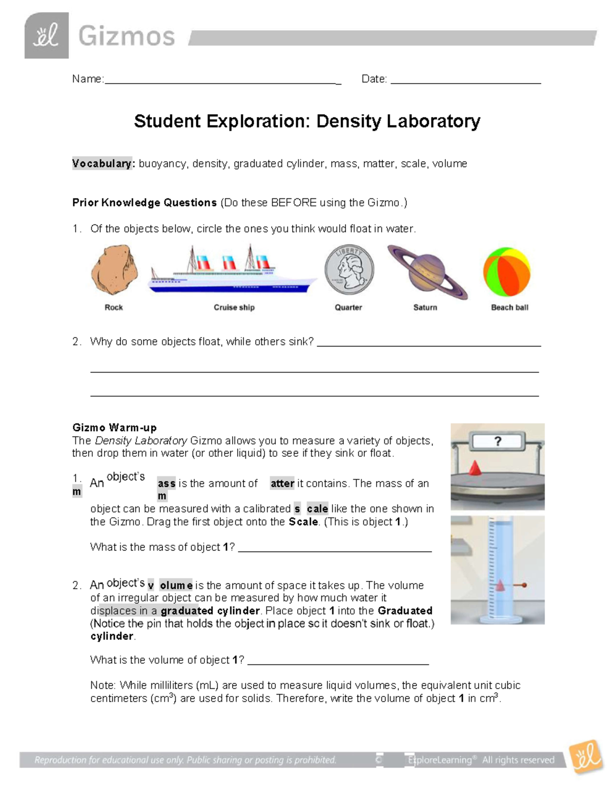 Density Labratory Gizmo Name _ Date Student Exploration Density