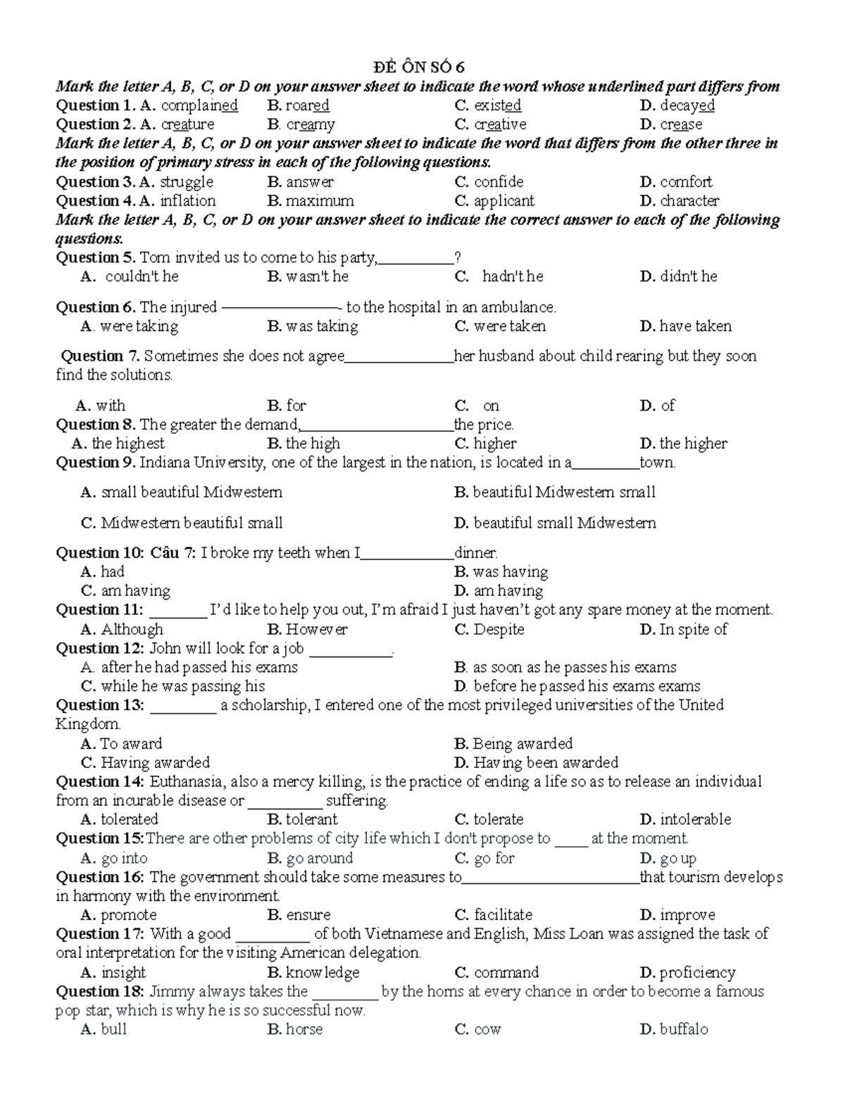 ĐỀ Ôn SỐ 6 Hihi ĐỀ Ôn SỐ 6 Mark The Letter A B C Or D On Your Answer Sheet To Indicate 4876