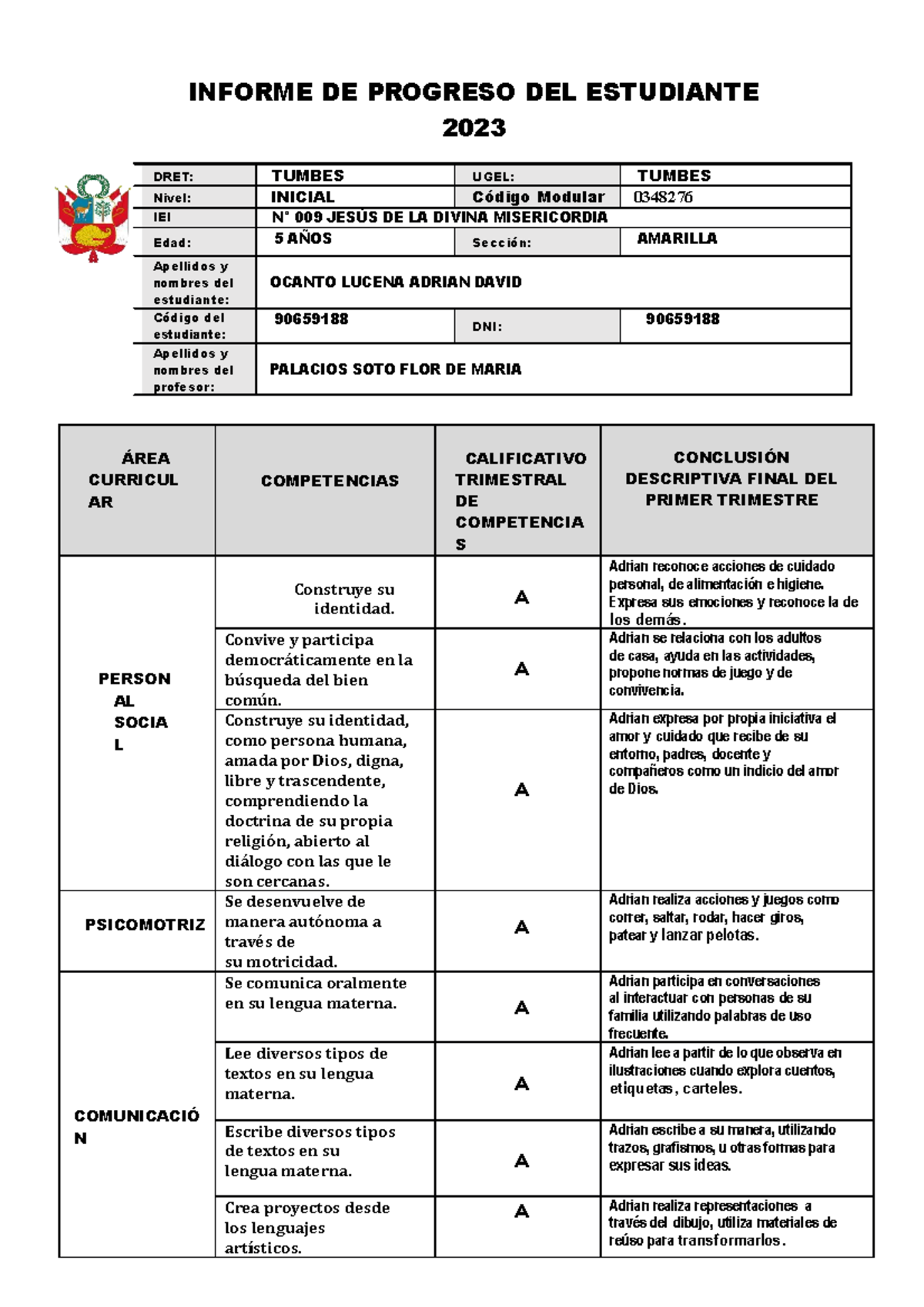 Informe DEL Progreso - Adrian 5 AÑOS - I Trimestre - INFORME DE ...