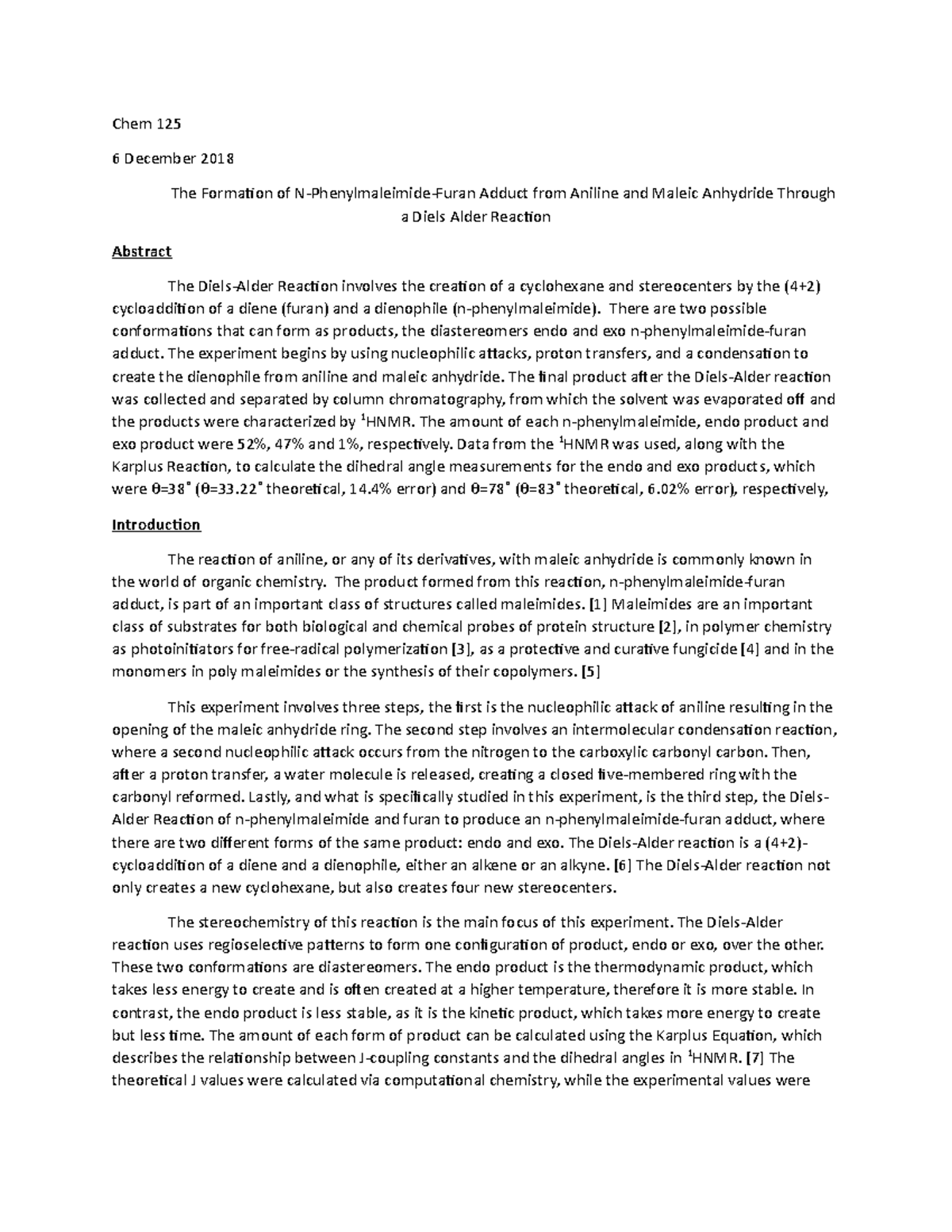 CHEM 125 Diels Alder Report - Chem 125 6 December 2018 The Formation of ...