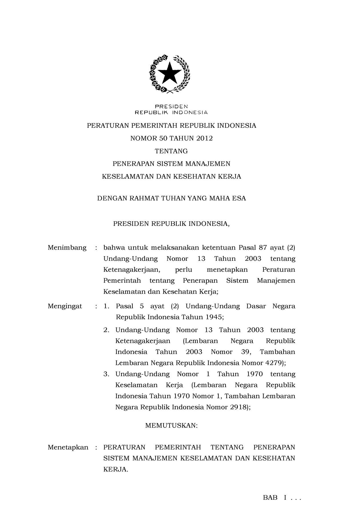 PP Nomor 50 Tahun 2012 SMK3 - PERATURAN PEMERINTAH REPUBLIK INDONESIA ...