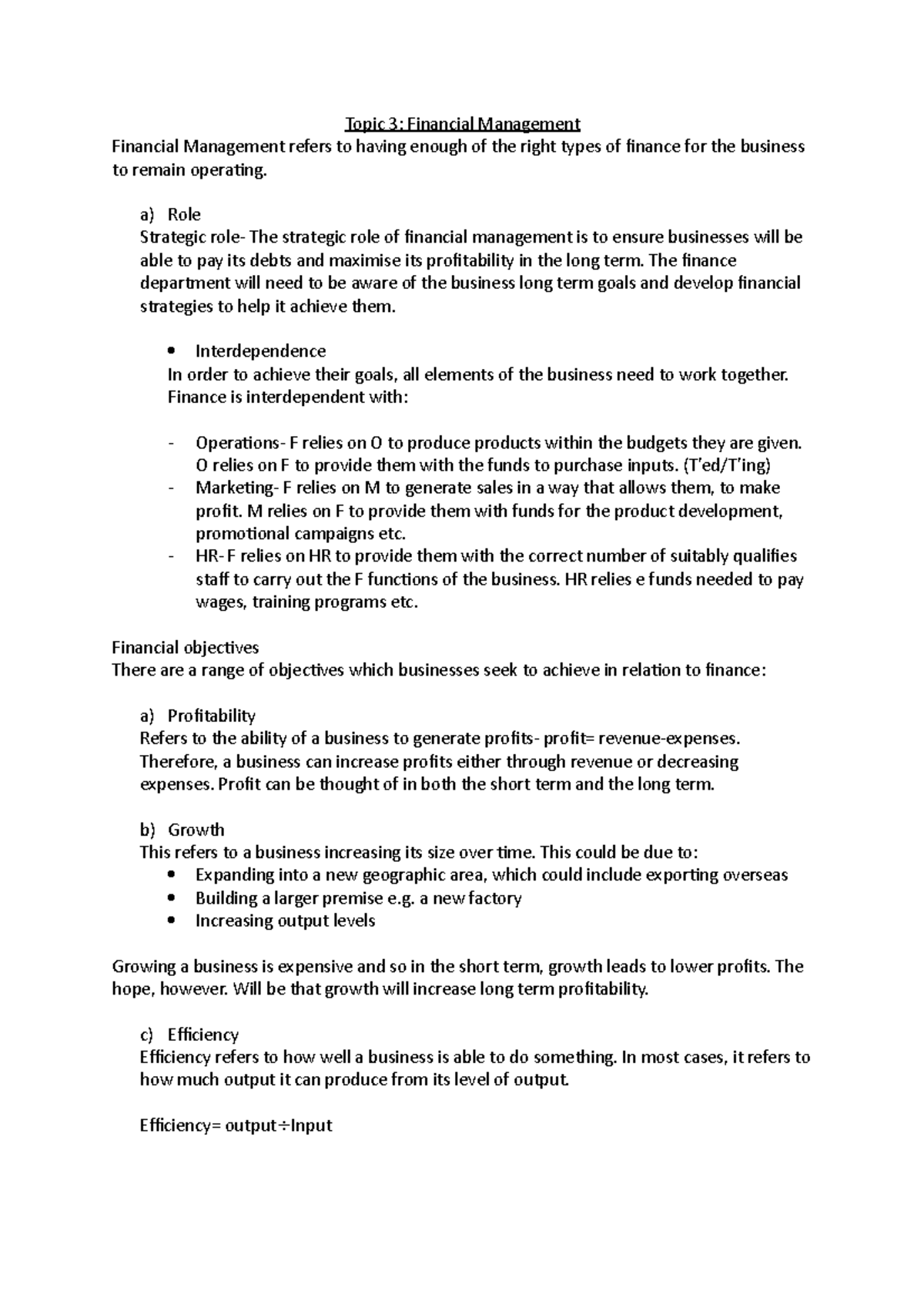 Topic 3 - study notes and case - Topic 3: Financial Management ...