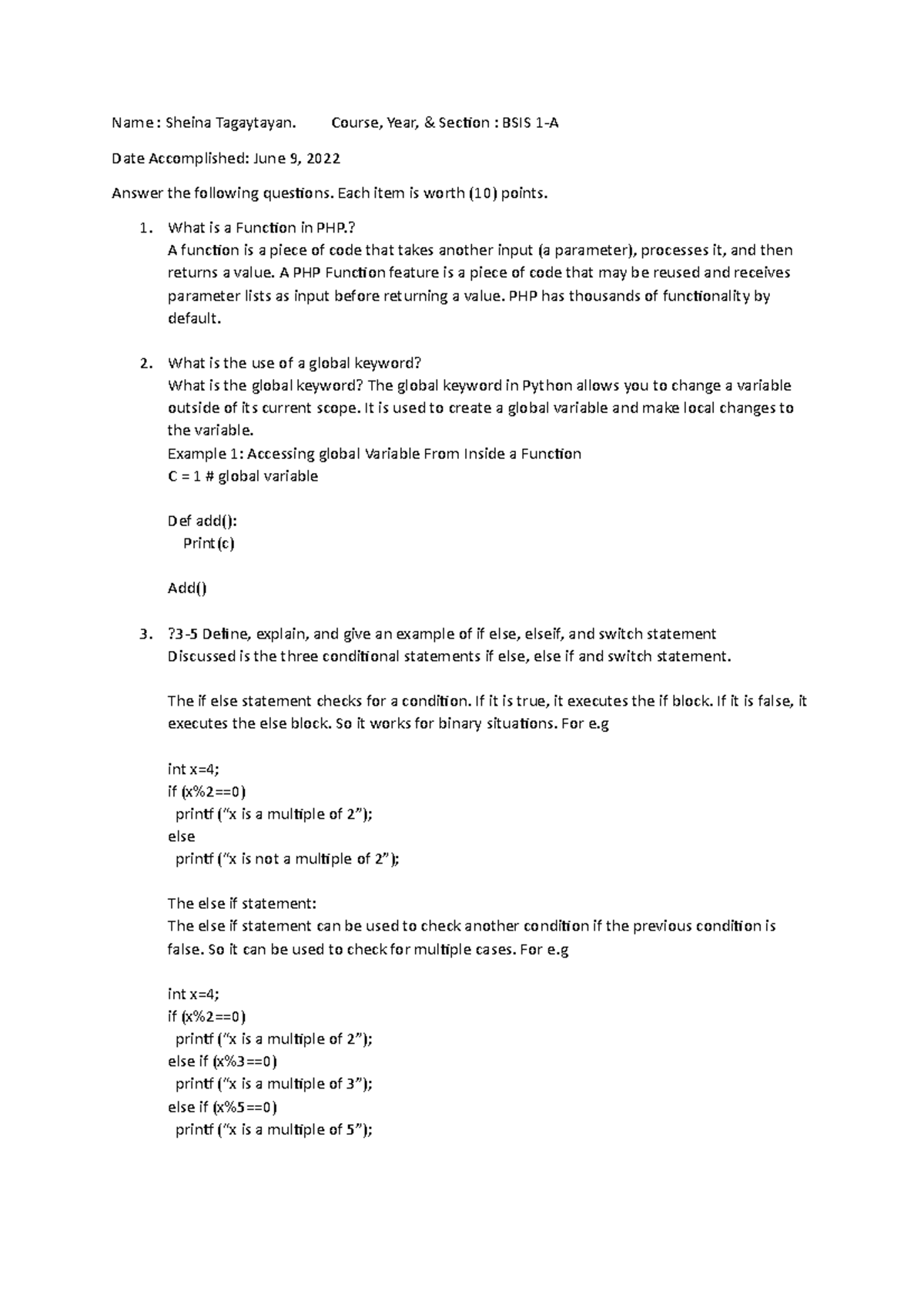 Module 6 - Activity for php variables - Name : Sheina Tagaytayan ...