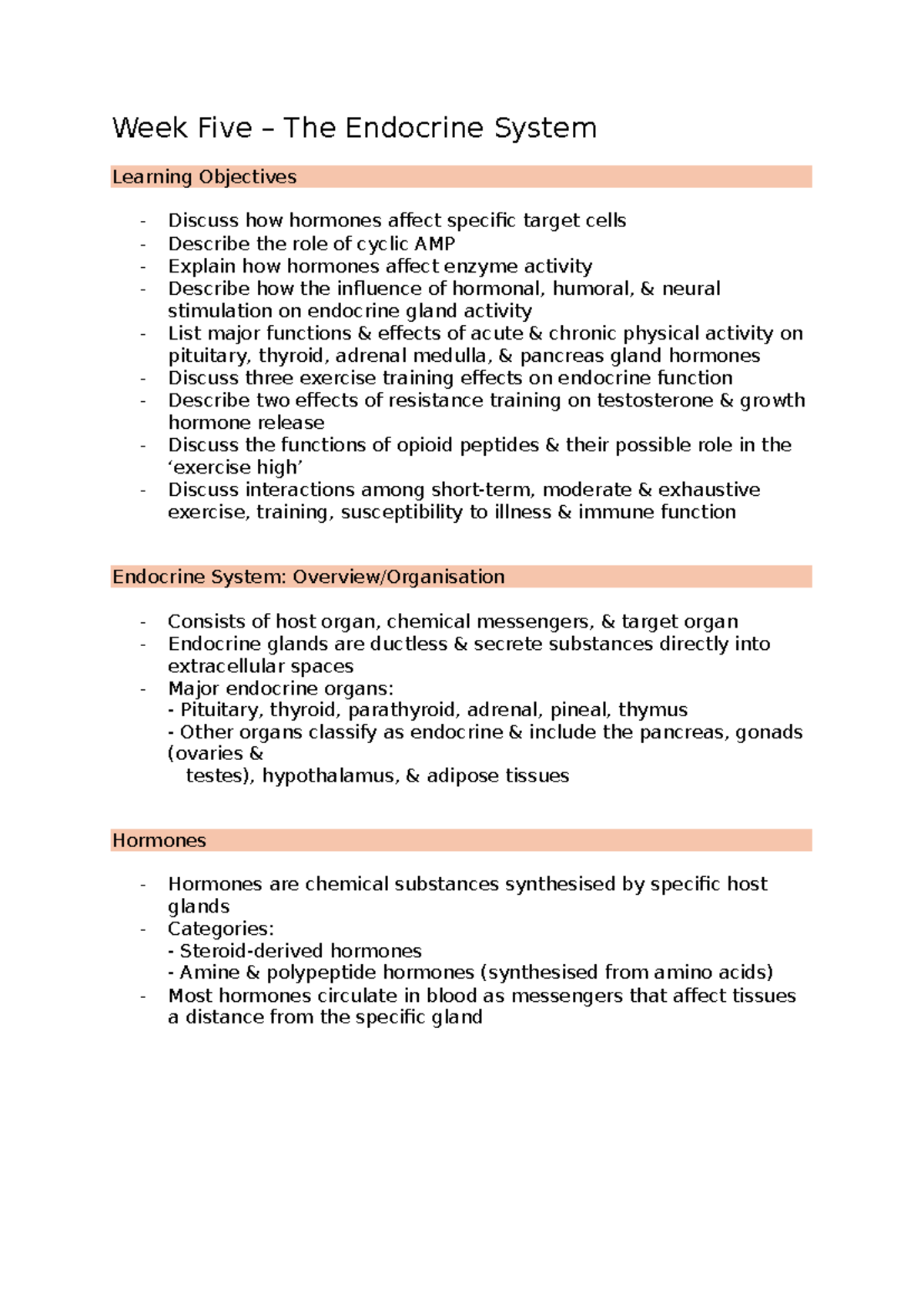 Week Five Exercise Physiology - Week Five – The Endocrine System ...