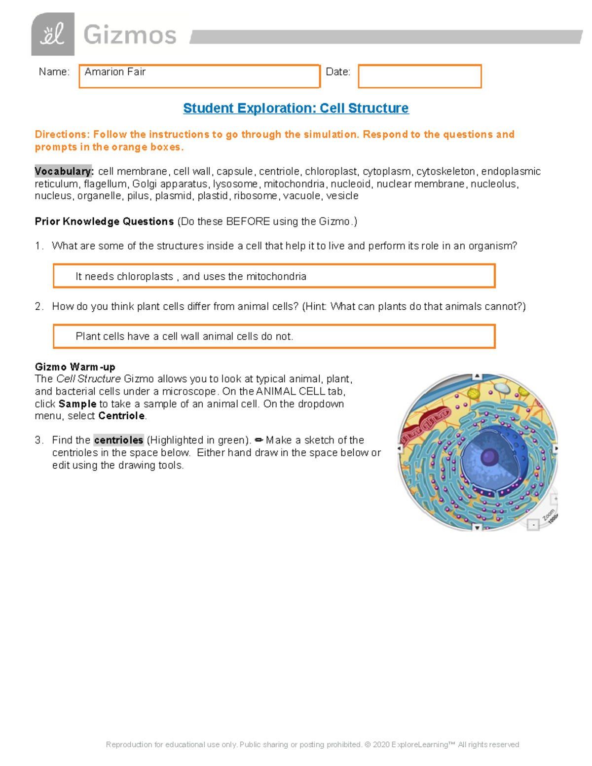 Cell Structure SE Gizmo Document. - Name: Amarion Fair Date: Student ...