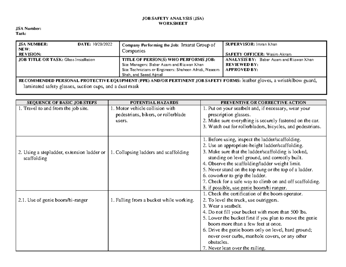 Glass Installation JOB Safety Analysis JSA Worksheet Deprecated   Thumb 1200 927 