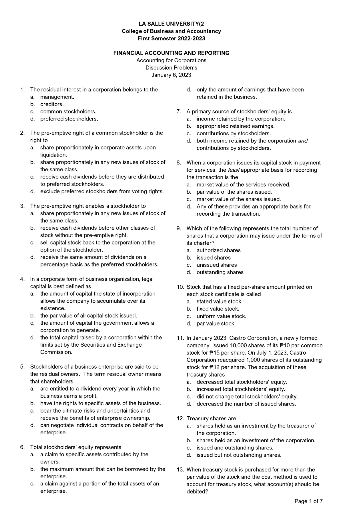 Fin Acc Accounting-for-Corporations-MCQs - LA SALLE UNIVERSITY( College ...