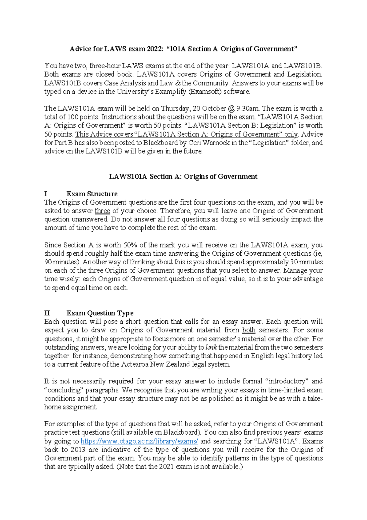 Origins of Govt exam advice 2022 Advice for LAWS exam 2022