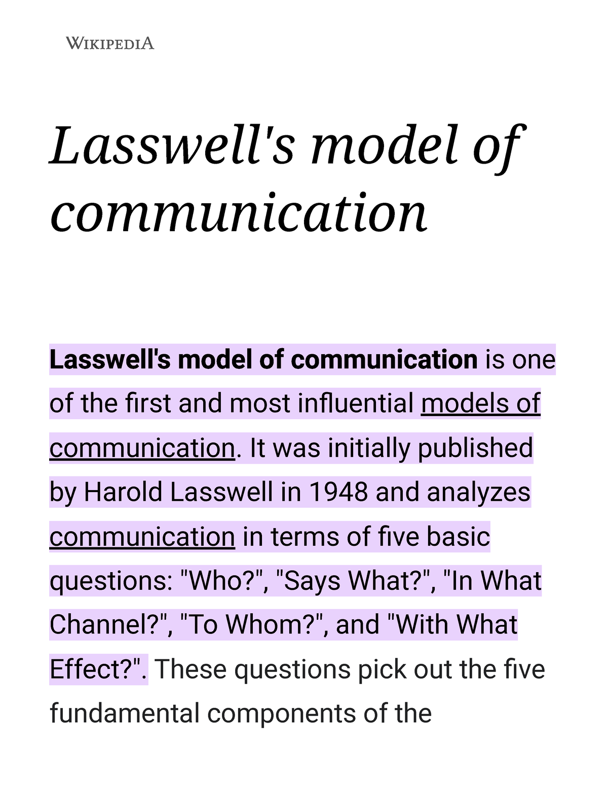 Lasswell's Model Of Communication - Wikipedia - Lasswell's Model Of ...