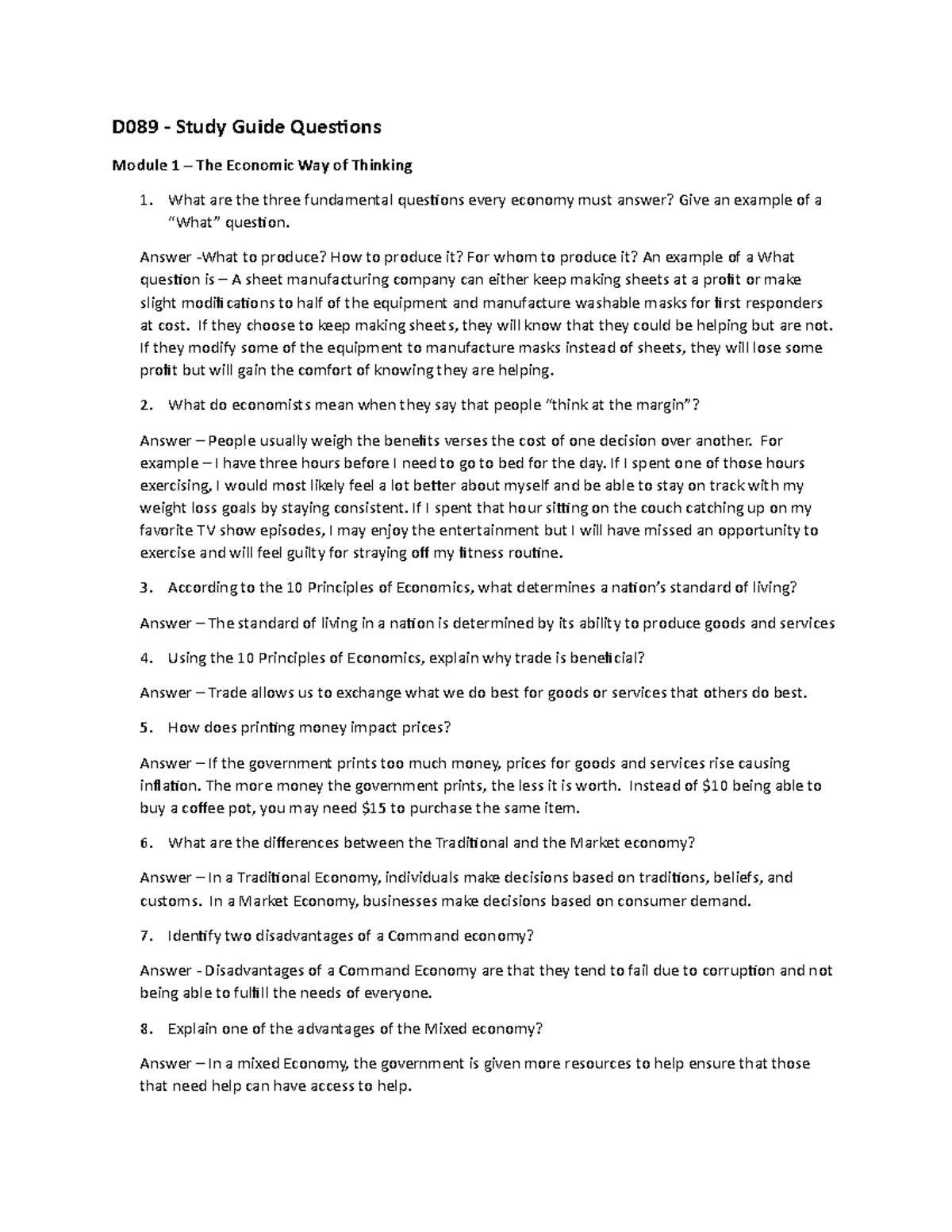 D089 Study Guide Questions and Answers D089 Study Guide Questions Module 1 The Economic