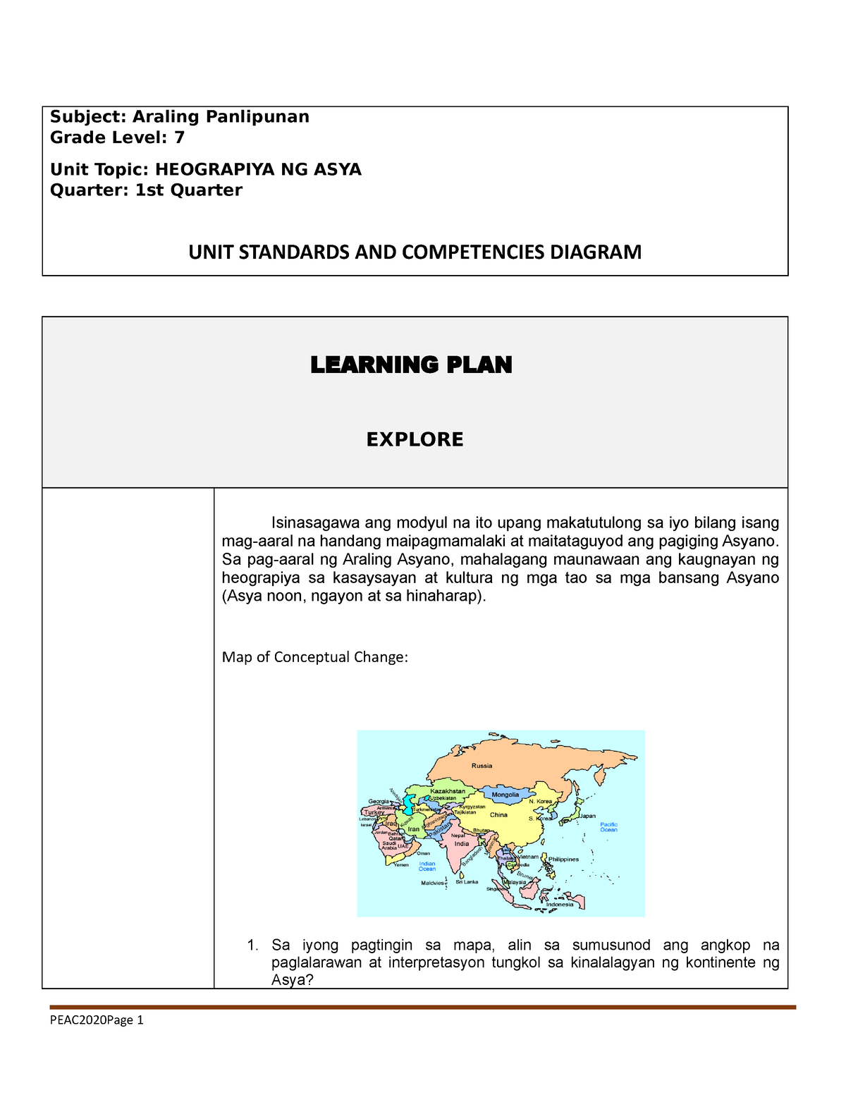 Learning Plan-AP 7 1st Quarter - Subject: Araling Panlipunan Grade ...