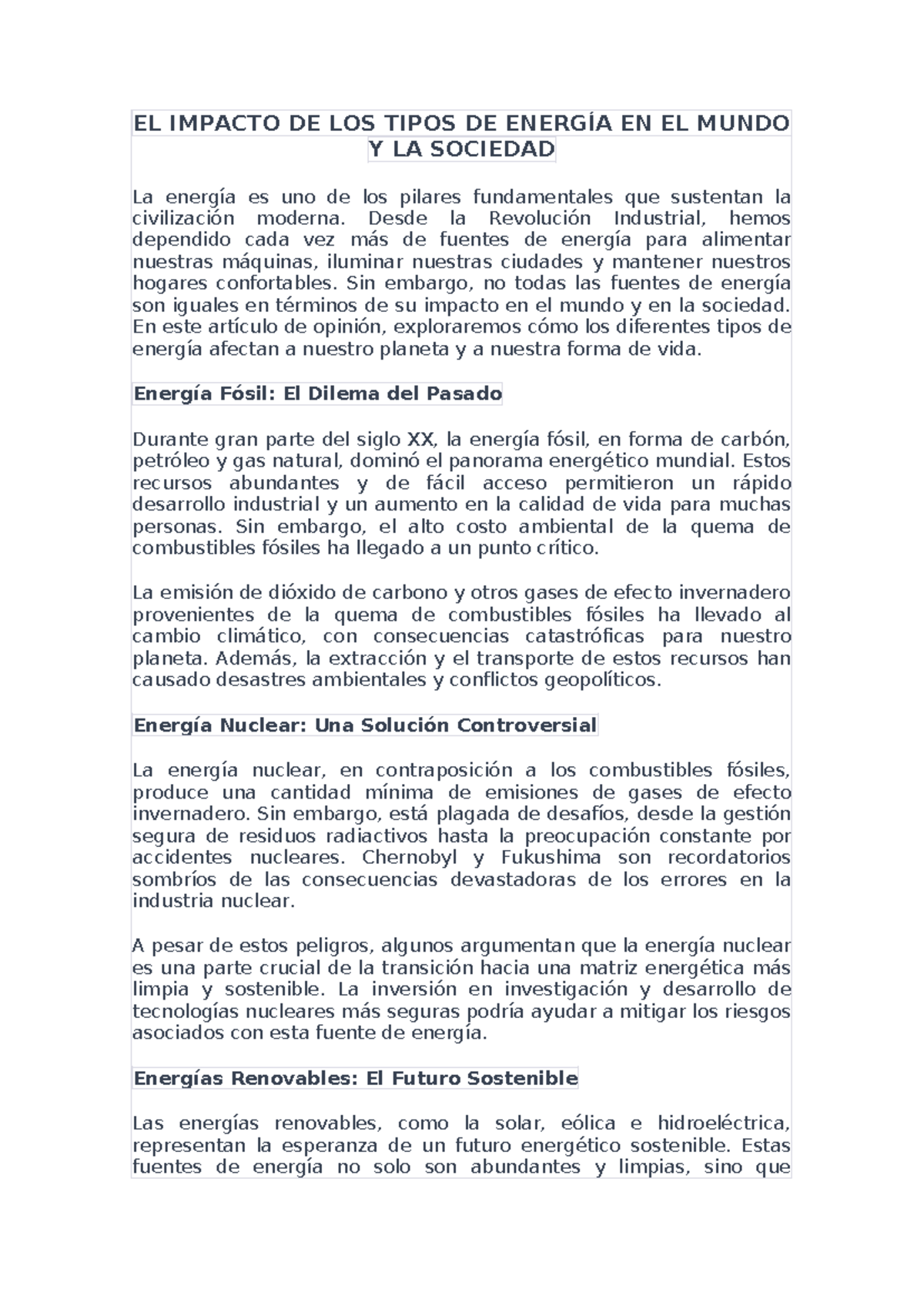 EL Impacto DE LOS Tipos DE Energía EN EL Mundo Y LA Sociedad - EL ...