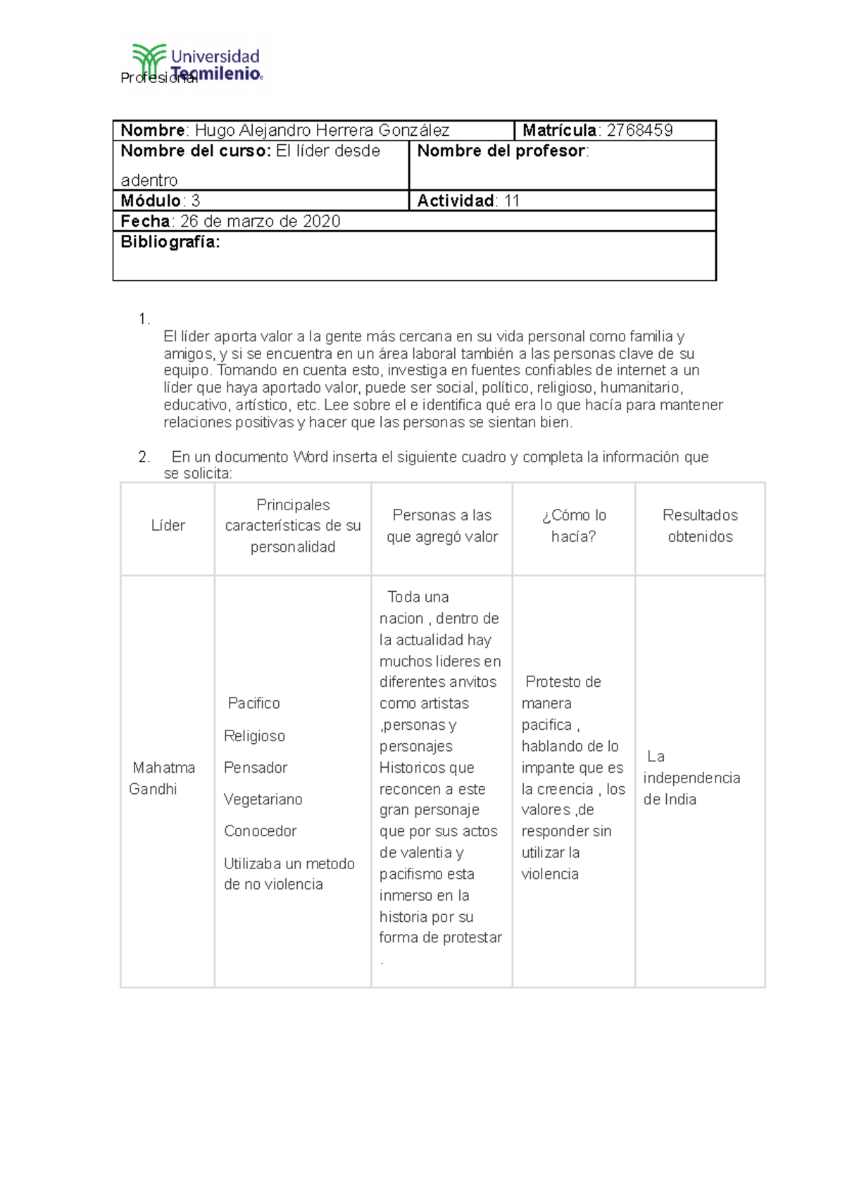 Actividad 11 el lider desde adentro - Profesional Nombre : Hugo ...