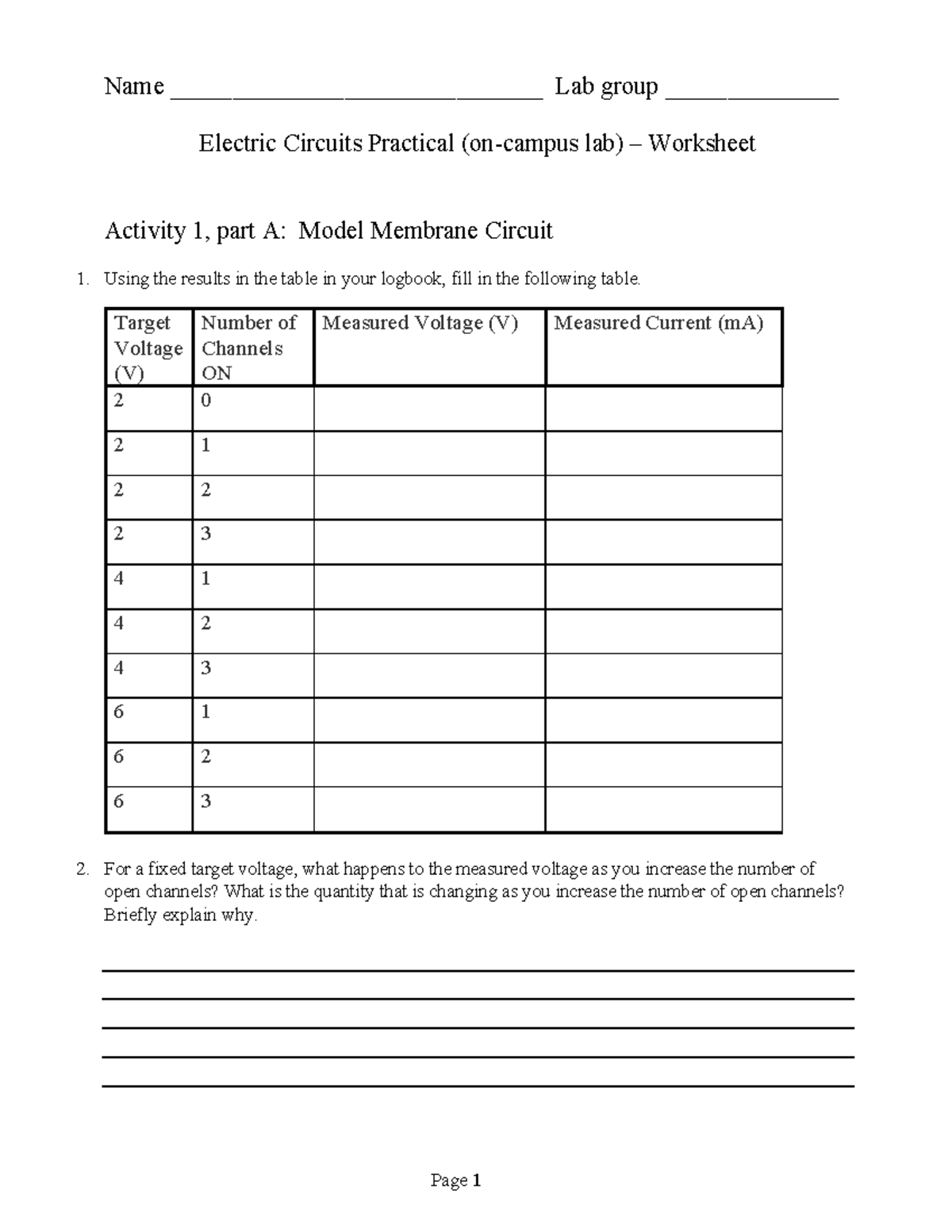 BMS1031 Electric Circuits practical worksheet - Student - Name