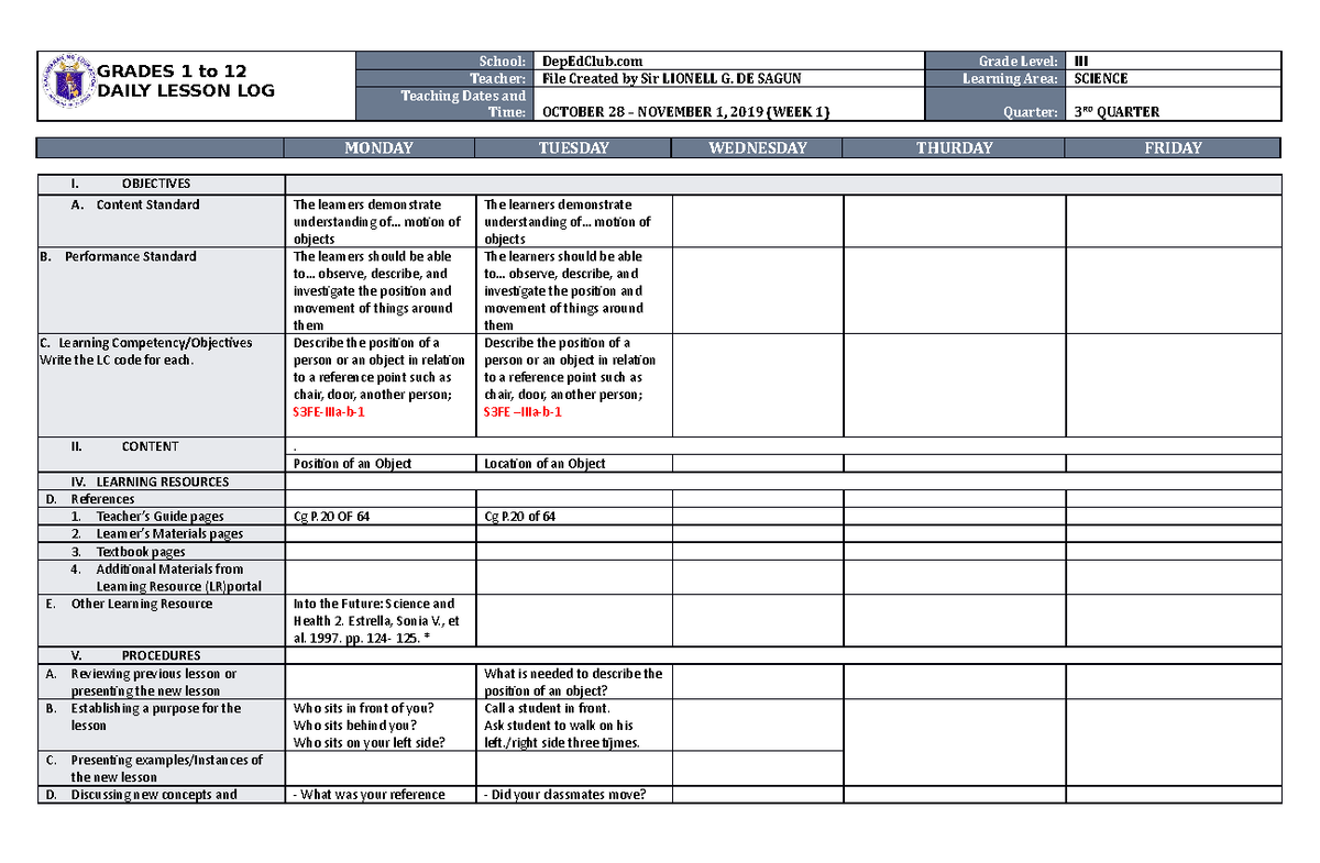 DLL Science 3 Q3 W1 - iiiii - GRADES 1 to 12 DAILY LESSON LOG School ...