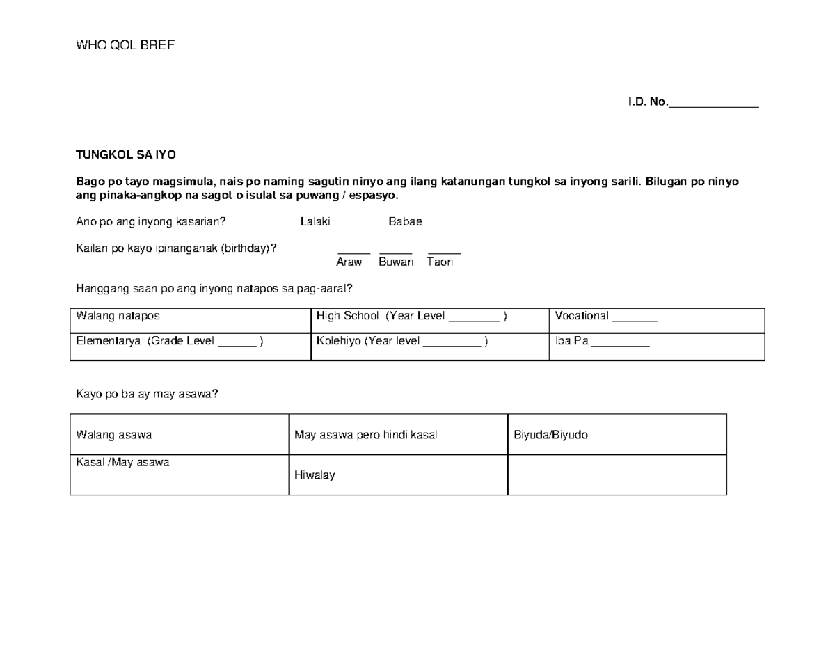 Filipino Whoqol-BREF - questionnaire for caregiver - WHO QOL BREF I. No ...