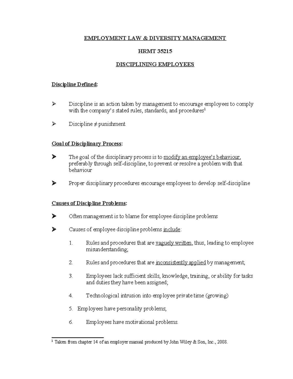 Handout on Approaches to Discipline - EMPLOYMENT LAW & DIVERSITY ...