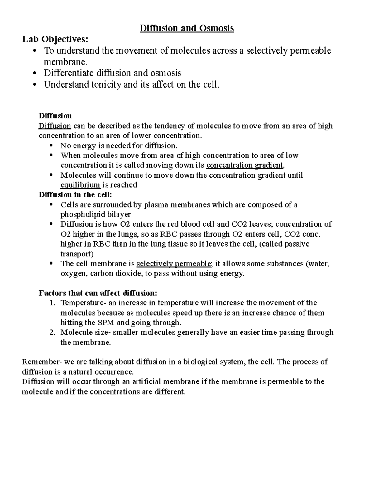 Diffusion and Osmosis Notes Diffusion and Osmosis Lab Objectives To understand the movement