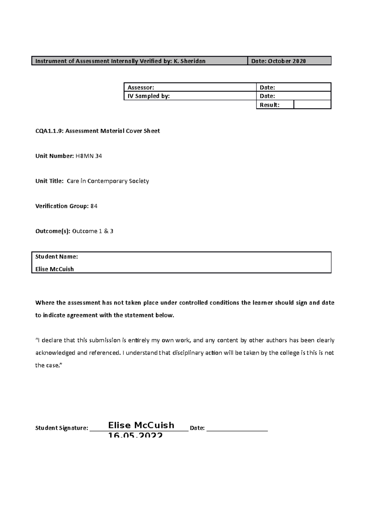 Care in Contemporary Society - Instrument of Assessment Internally ...