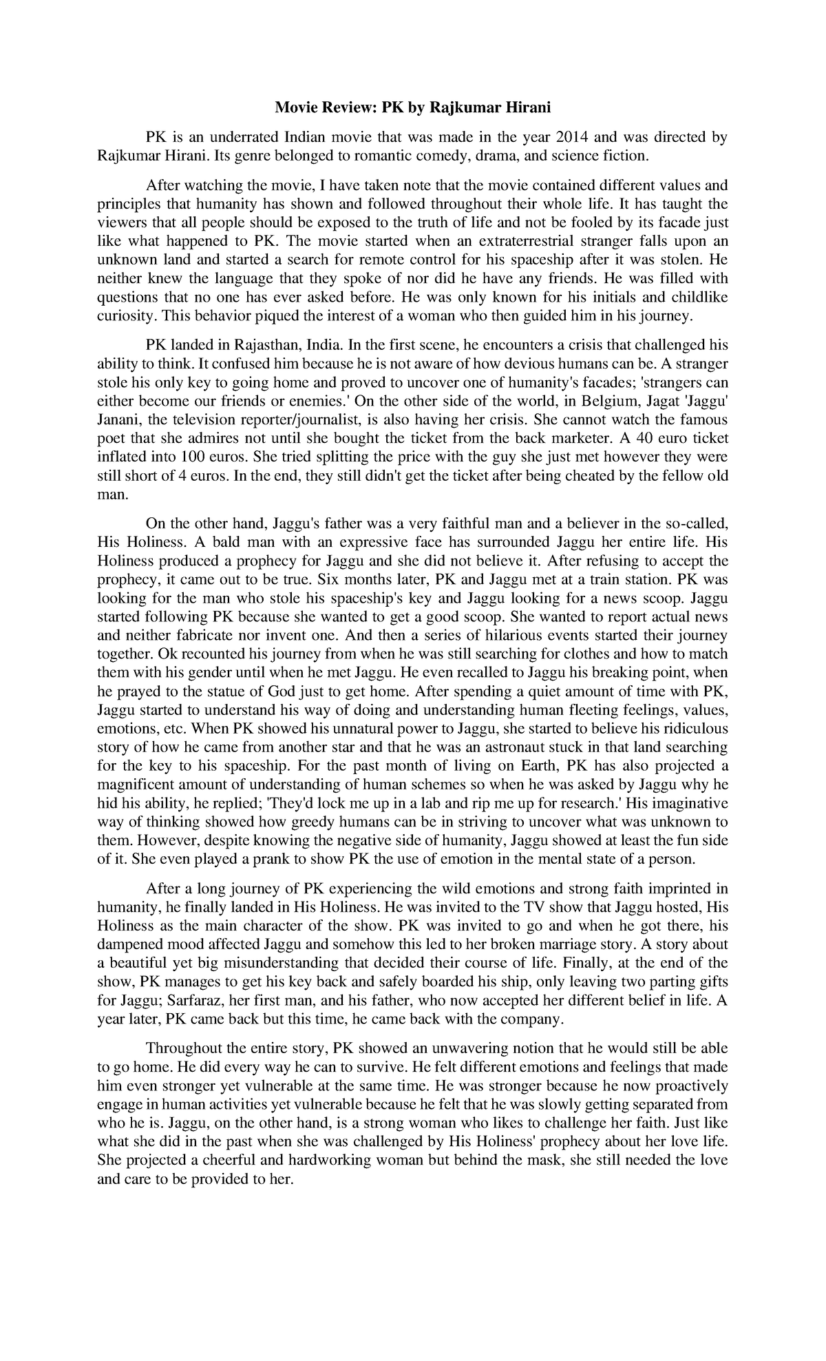 pk movie review essay