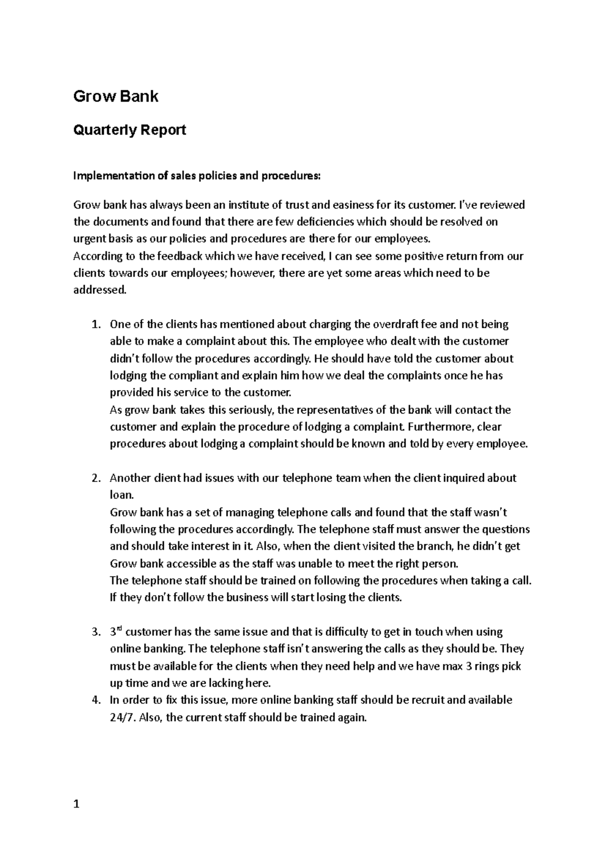 Quarterly Report Template Grow Bank Quarterly Report Implementation