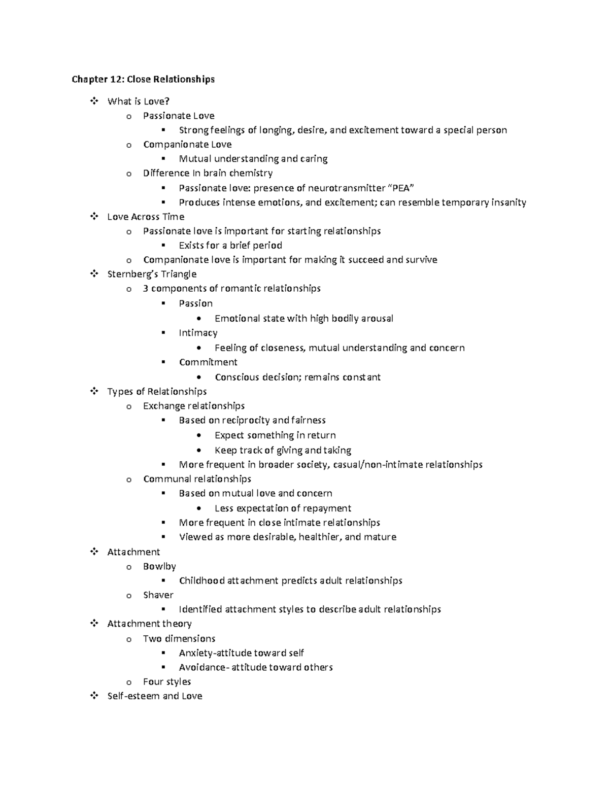 Chapter 12 part 1-3 - notes - Chapter 12: Close Relationships What is ...