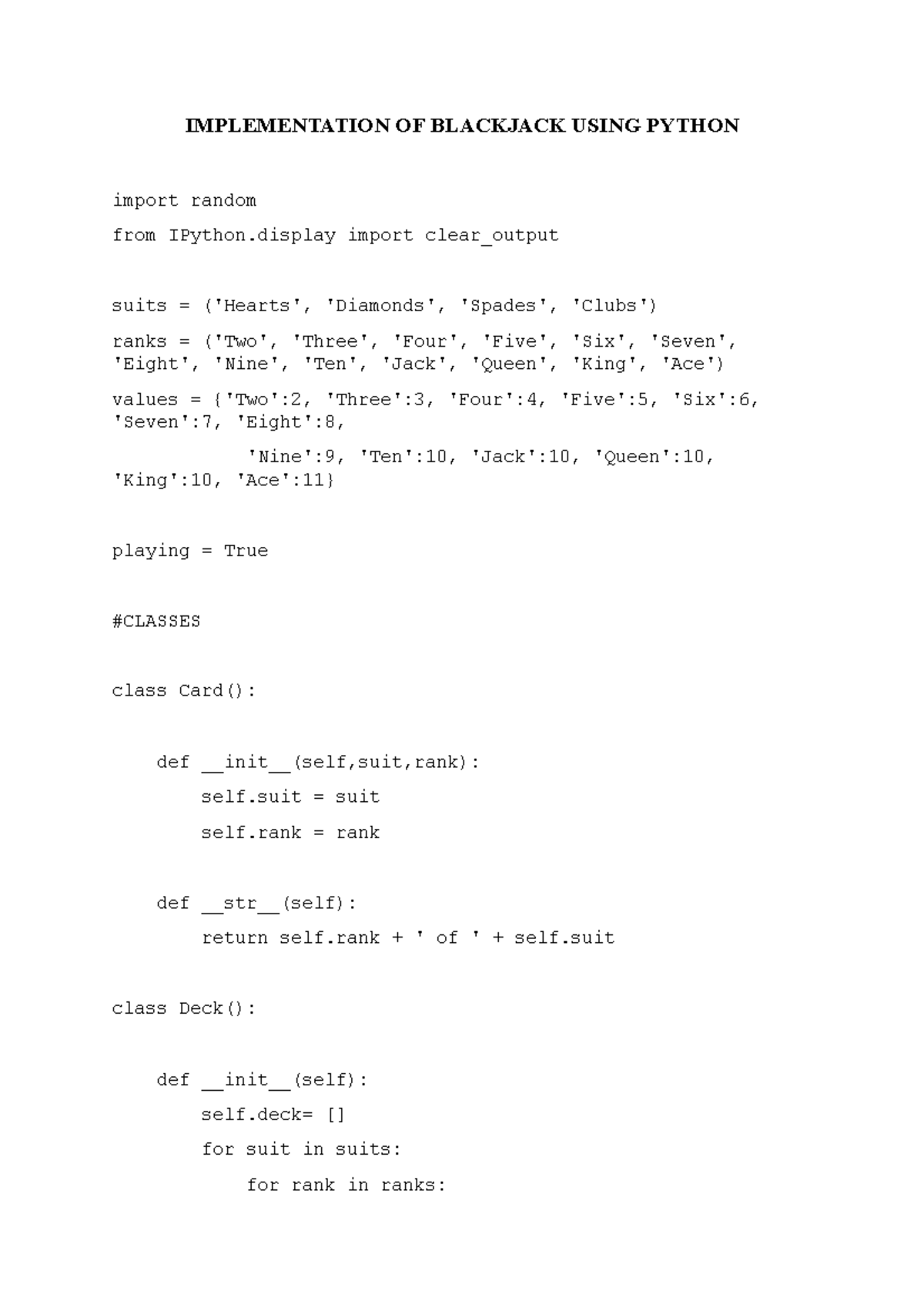 Blackjack card game - IMPLEMENTATION OF BLACKJACK USING PYTHON import ...