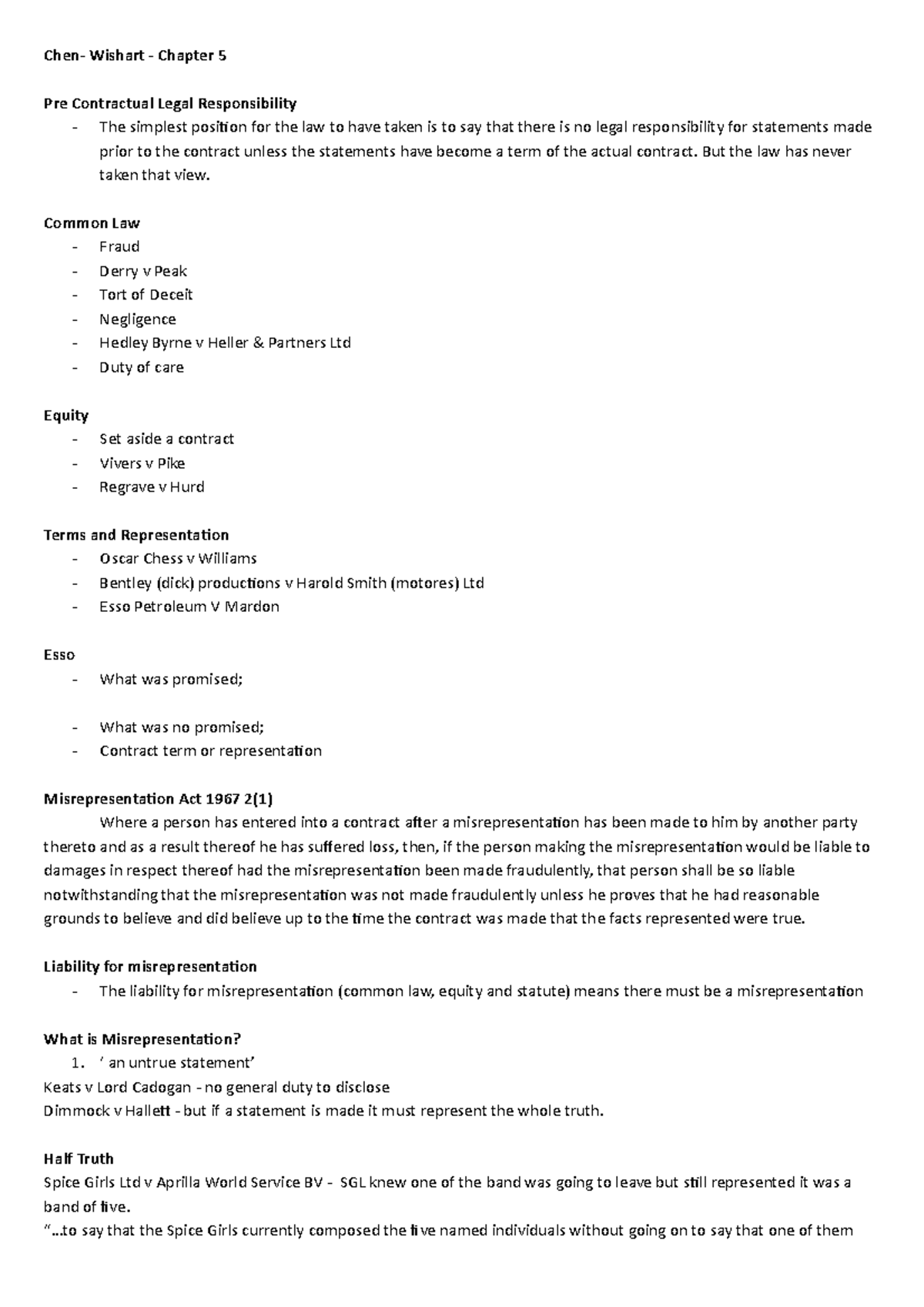 Misrepresentation Contract Law Lecture Notes Semester 1 19 20 Chen