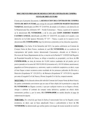 Resolución de Contrato por Mutuo Disenso - DOCUMENTO PRIVADO DE RESOLUCION  DE CONTRATO DE COMPRA - Studocu