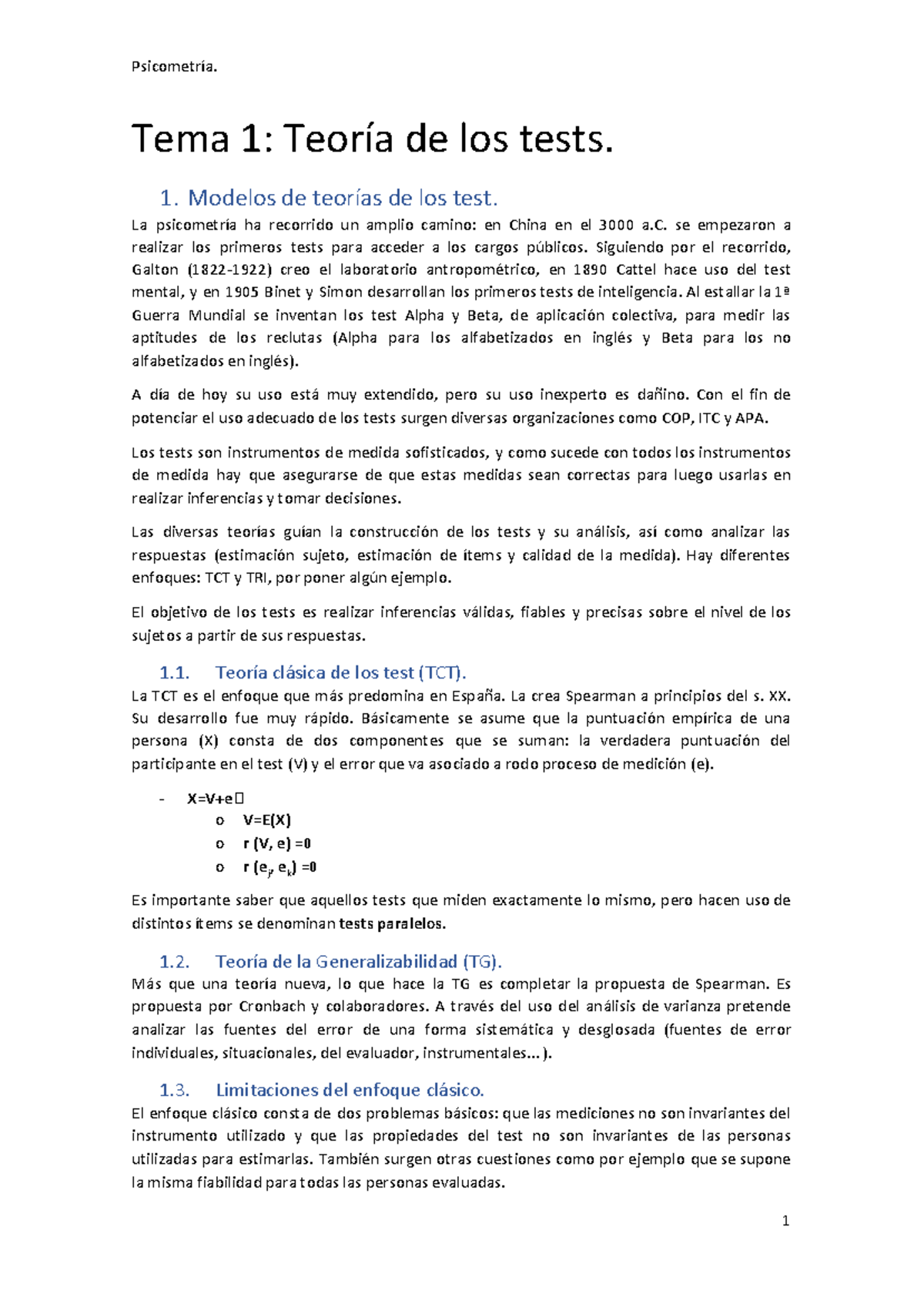 Tema 1 - Apuntes 1 - Tema 1: Teoría de los tests. 1. Modelos de teorías ...