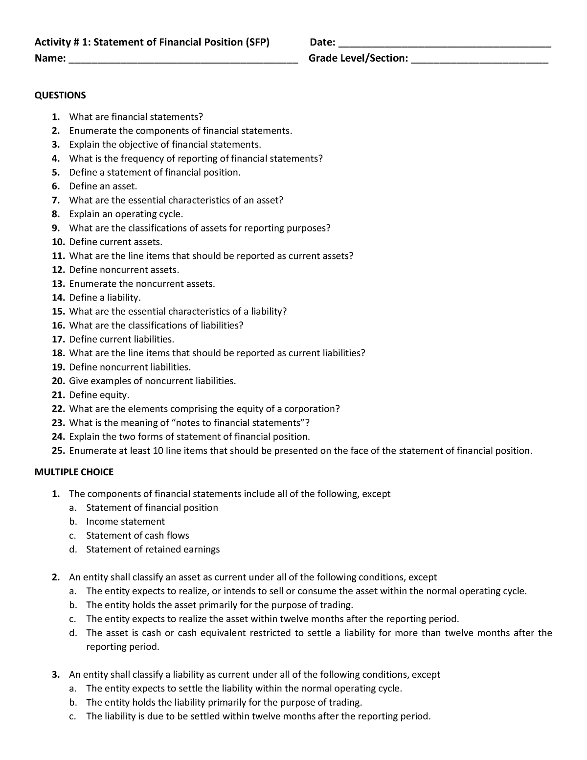 01 Statement Of Financial Position (sfp) Qs - Explain The Objective Of 