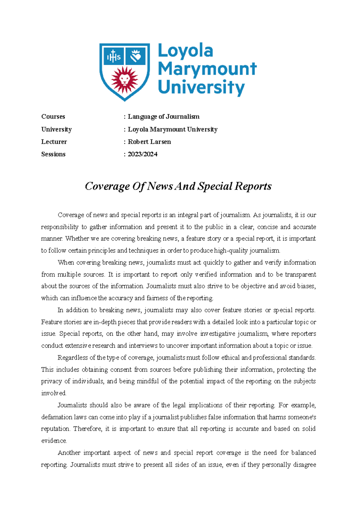 Coverage Of News And Special Reports - Courses : Language of Journalism ...