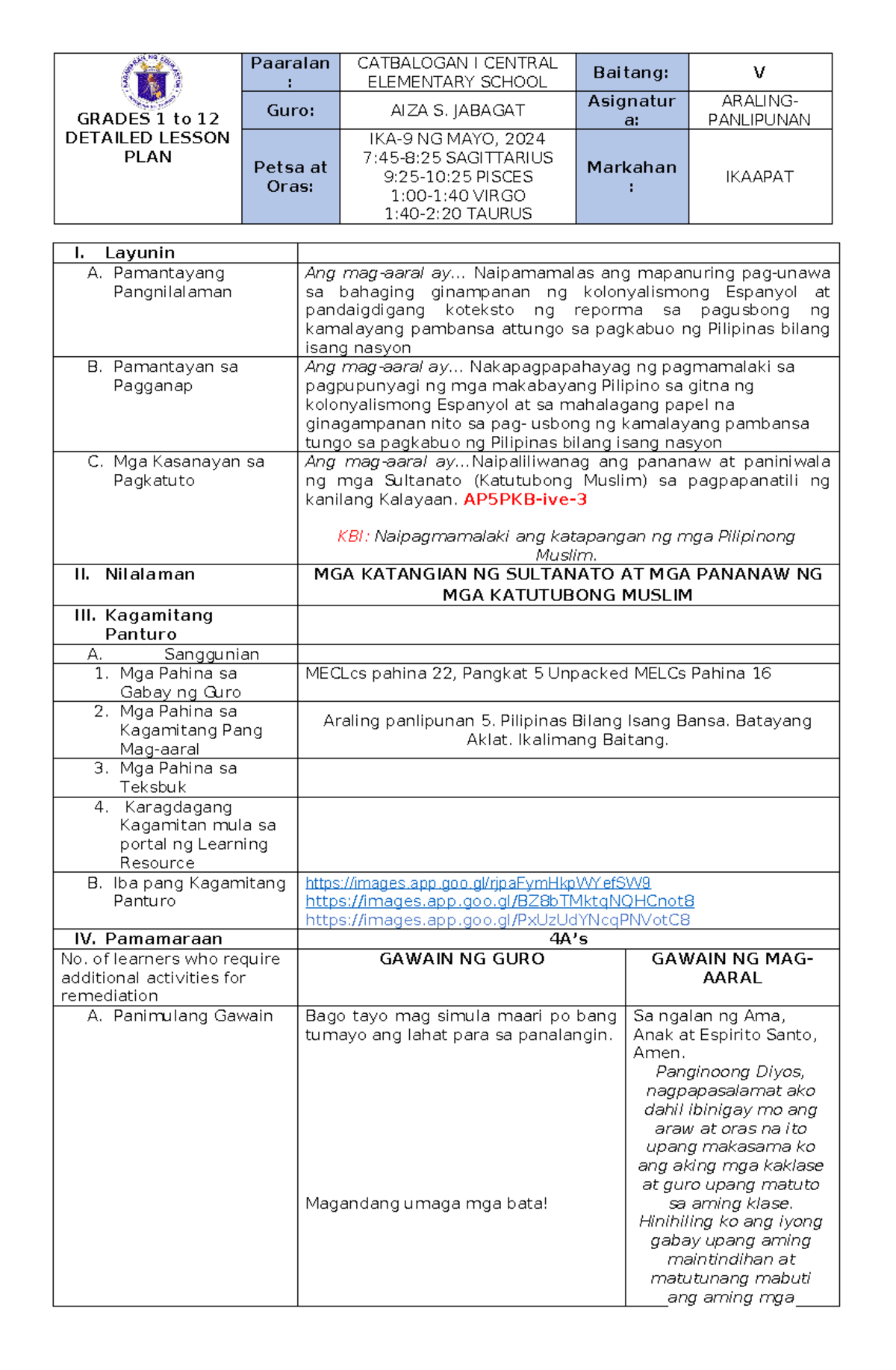 Final DEMO IN AP - GRADES 1 to 12 DETAILED LESSON PLAN Paaralan ...