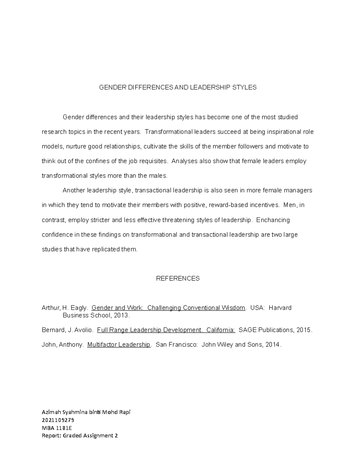 Assignment 2 - GFDDH - GENDER DIFFERENCES AND LEADERSHIP STYLES Gender ...