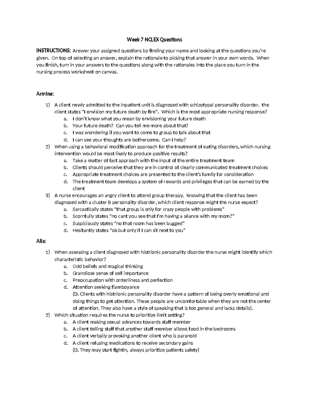 Week 7 Nclex Question Assignments Student SI 22 Week 7 NCLEX