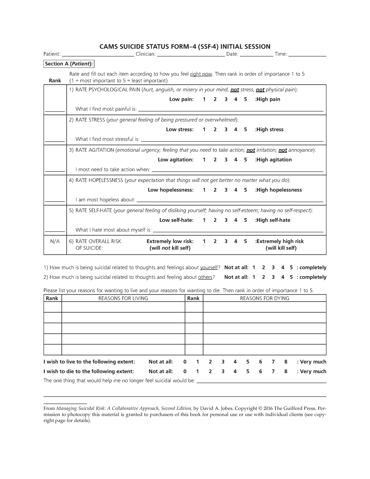 Cams Ssf-4 - Cams Assessment Template. - From Managing Suicidal Risk: A 