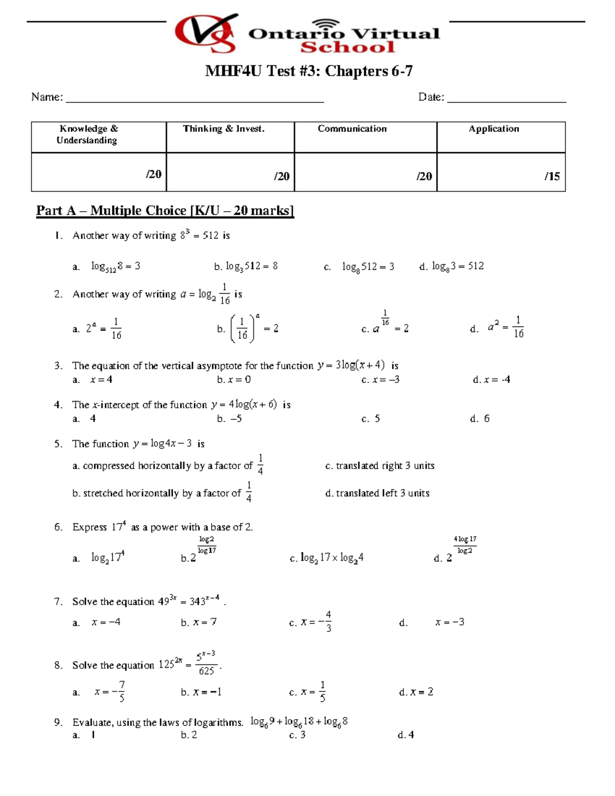 OVS Test 3 Print - MHF4U Test #3: Chapters 6 - 7 Name: Part A ...