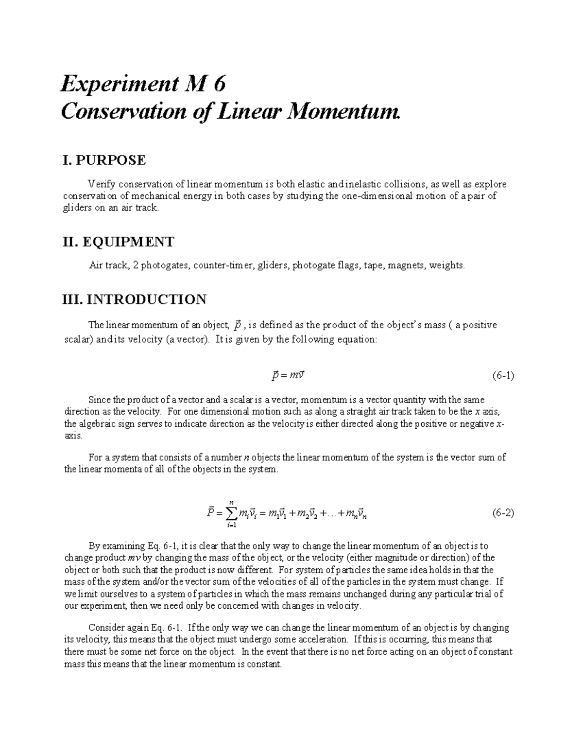 151-M6 Conservation Of Momentum Rev 0 - Experiment M 6 Conservation Of ...