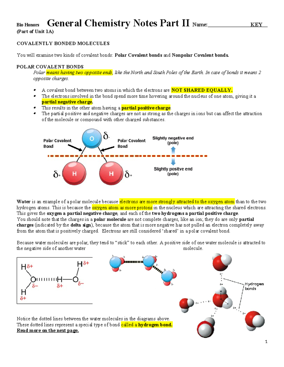 Chemistry+of+Life+Notes+-+Part+I+KEY - Bio Honors General Chemistry ...