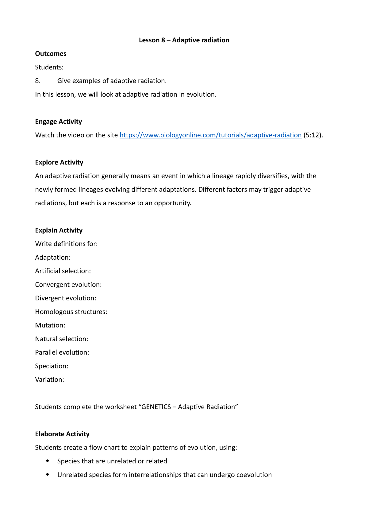 Lesson 8 - Adaptive radiation - Lesson 8 – Adaptive radiation Outcomes