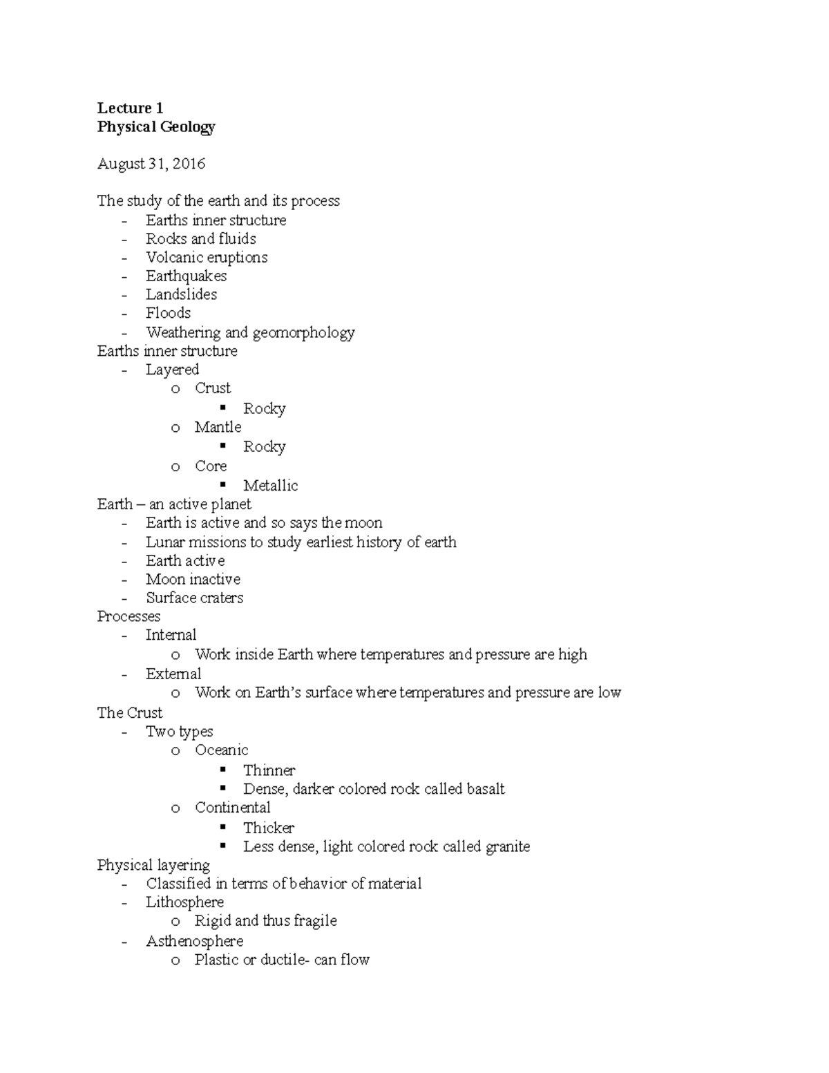 Intro Lect1 and Lect2 - Lecture notes 1,2 - Lecture 1 Physical Geology ...