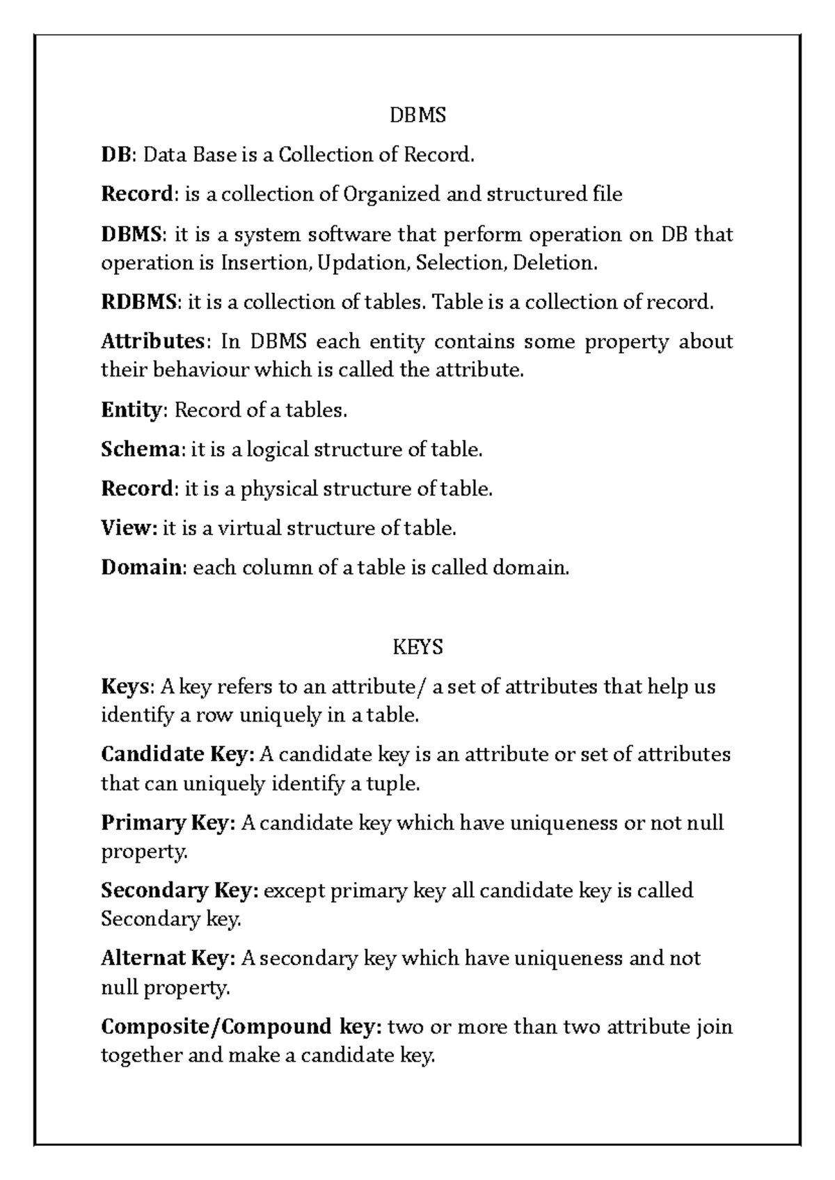 Dbms Brief Knowledge About Database Management System Which Help In Campus Placements Dbms