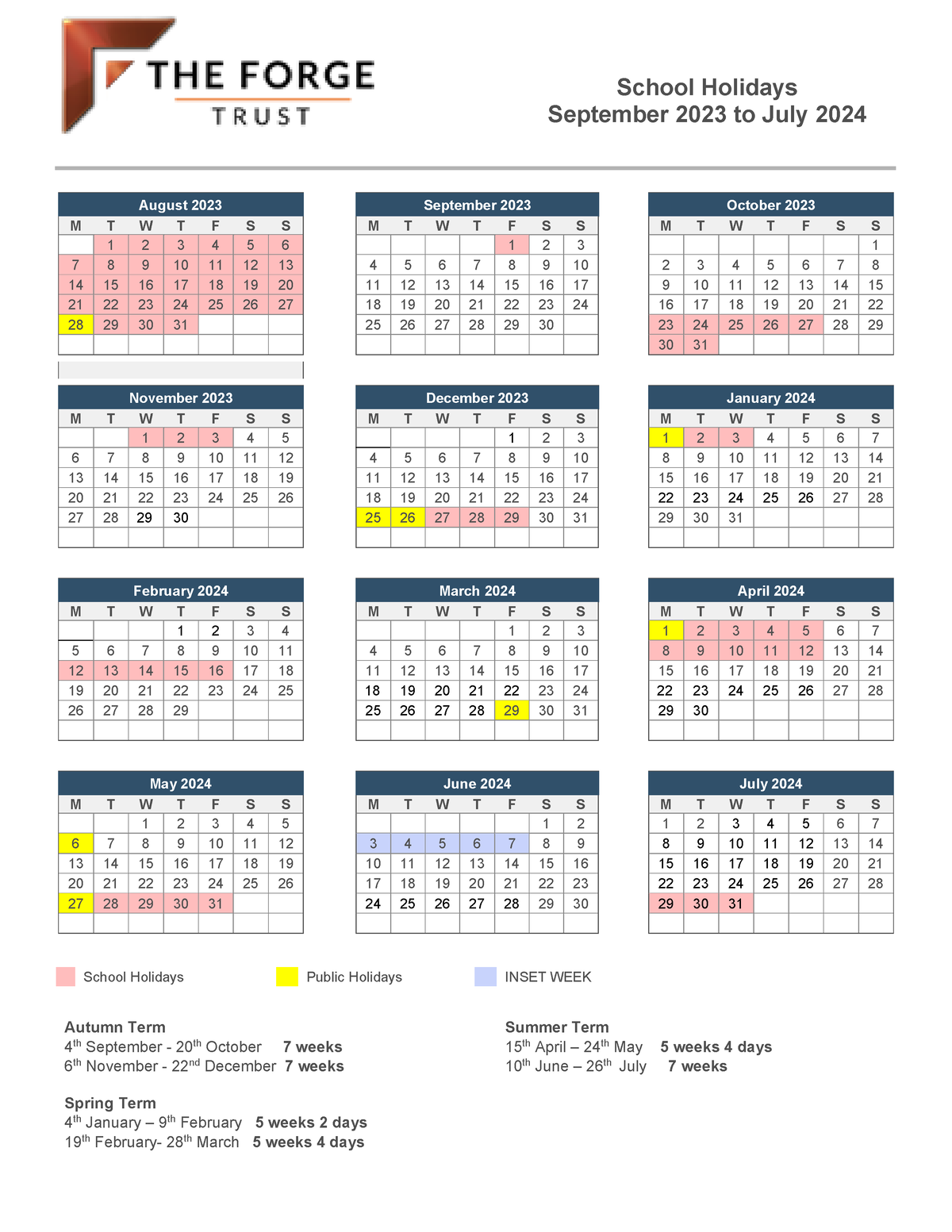 Holiday Calendar 2023 2024 The Trust School Holidays School