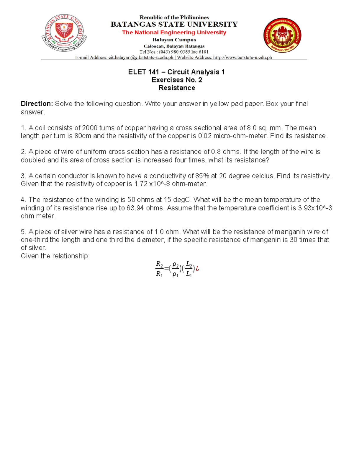 Exercise-2-Resistance - ELET 141 – Circuit Analysis 1 Exercises No. 2 ...