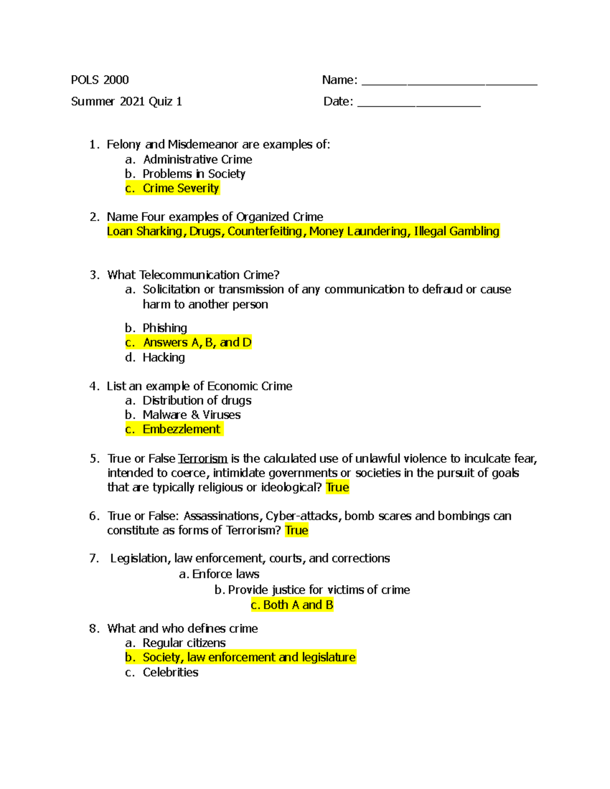 POLS 2000 Summer 2021 Quiz 1 - POLS 2000 Name ...