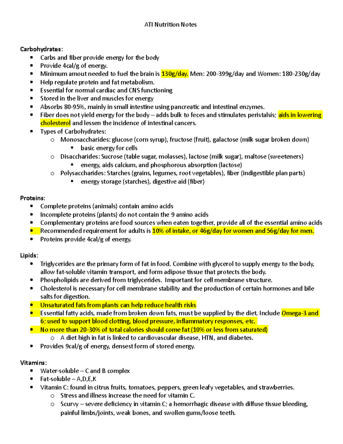 Nutrition ATI Outline NEW ATI Nutrition Notes Carbohydrates Carbs and fiber provide energy