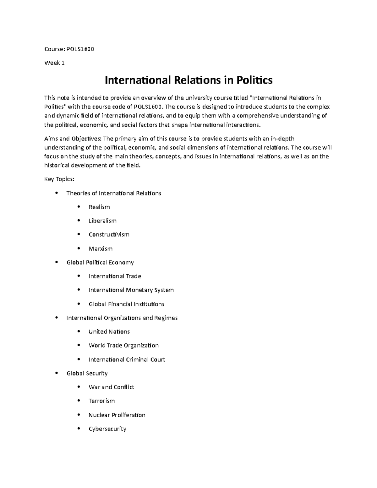 International Relations On Politics - Course: POLS Week 1 International ...