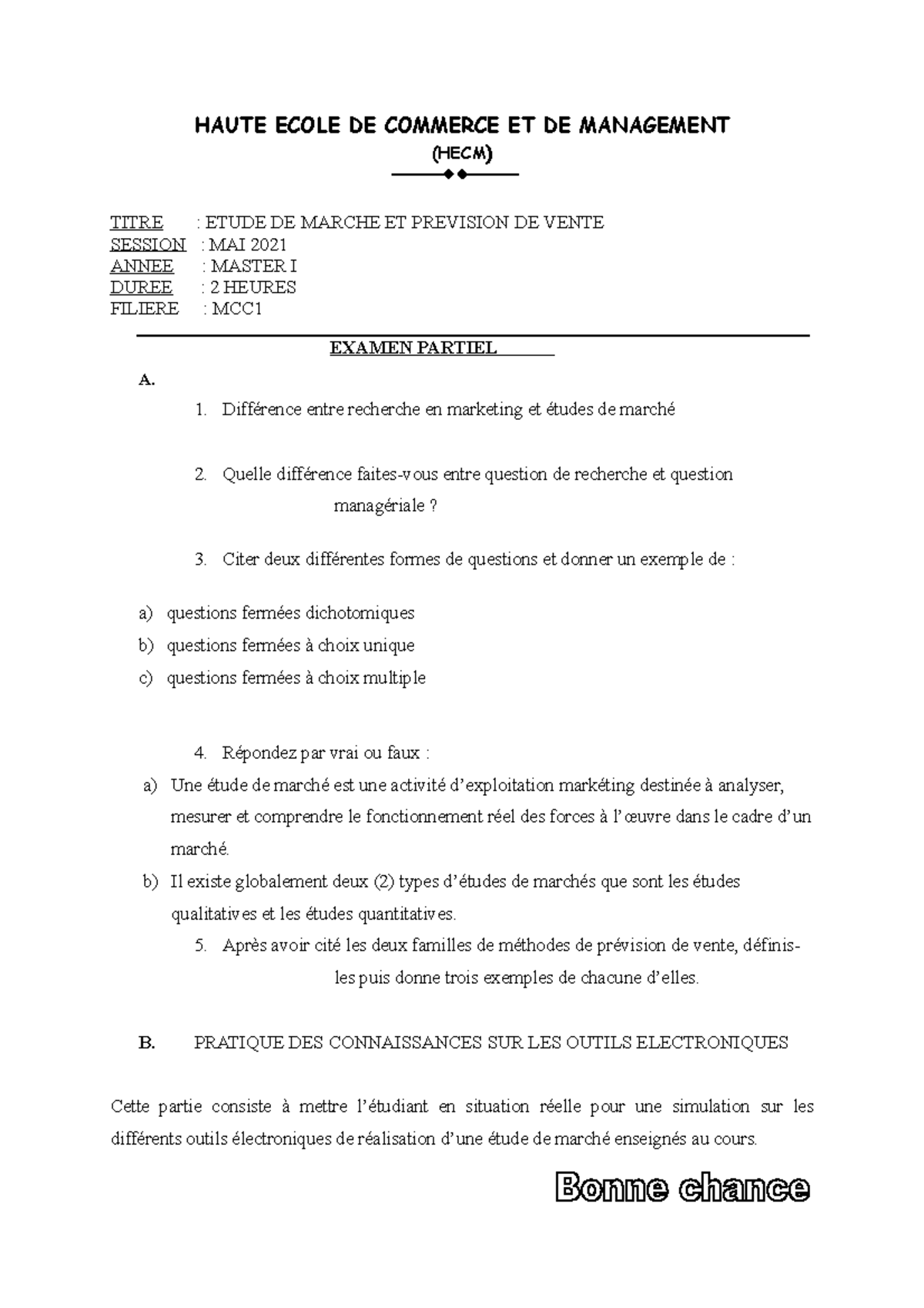 Epreuve Partiel HECM 2021 - HAUTE ECOLE DE COMMERCE ET DE MANAGEMENT ...