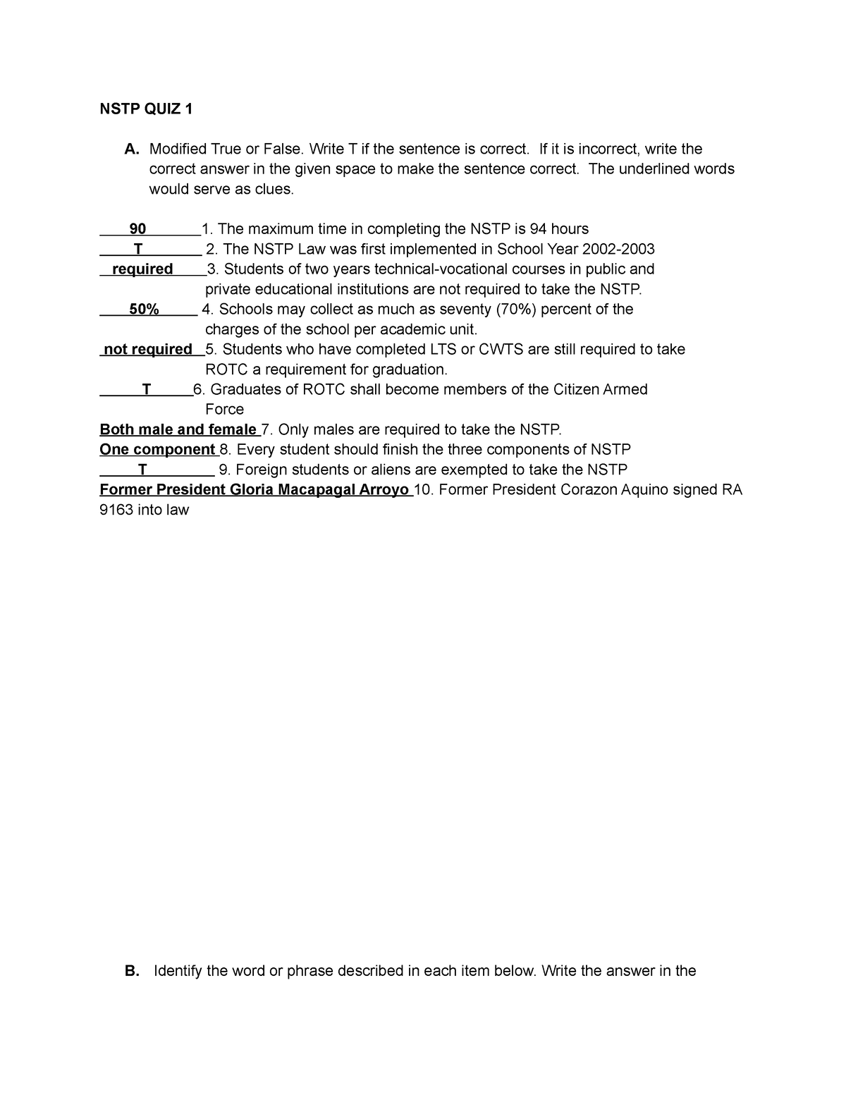 NSTP QUIZ 1 - Nstp Quiz - NSTP QUIZ 1 A. Modified True Or False. Write ...